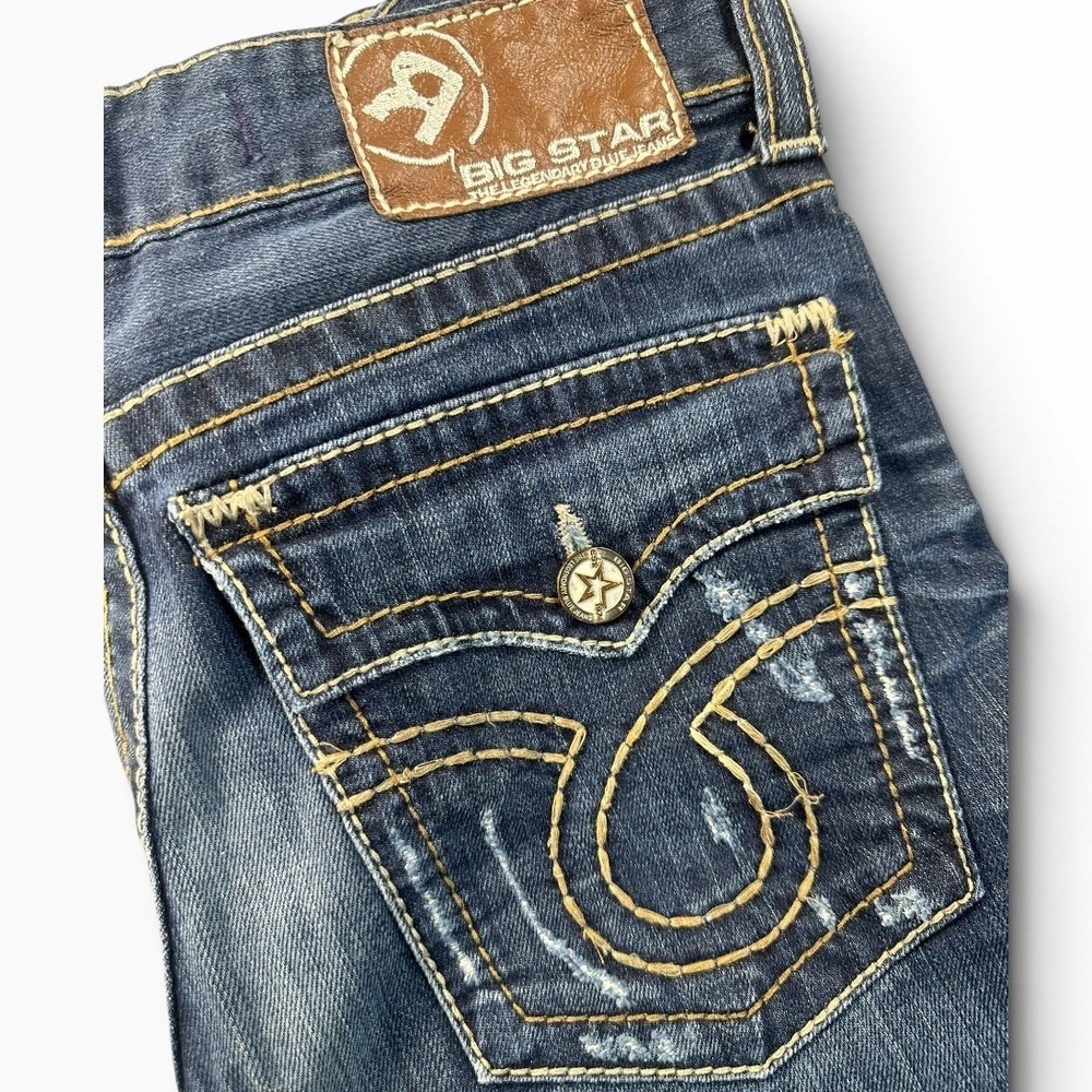 Big Star Union Bootcut Jeans Mens 32R Dark Wash Distressed Flap Pocket 33x30